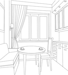 vector, isolated sketch of interior kitchen