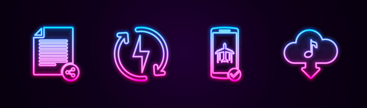 Set line Share file, Recharging, Flight mode the mobile and Cloud download music. Glowing neon icon. Vector