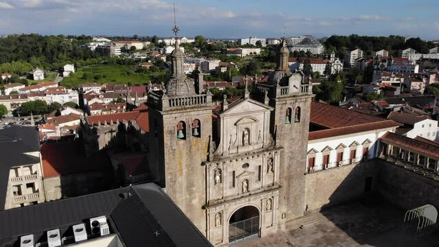Viseu, Portugal - May 8, 2021: DRONE AERIAL FOOTAGE - The Viseu Cathedral (Se Catedral de Viseu) is the Catholic bishopric seat of the city of Viseu, in Portugal. 