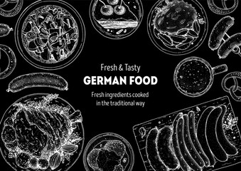 German food menu sketches. Design template. Hand drawn illustration. German cuisine. Food sketch. Black and white. Engraved styl