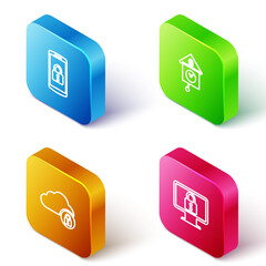 Set Isometric line Smartphone with lock, Retro wall watch, Cloud computing and Lock monitor icon. Vector