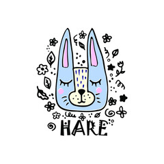Cute doodle hare head, funny flat hand-drawn hare characters with doodles around, animal face with doodles, childish style,  trendy design for kids