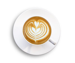 Top-down hot latte coffee cup isolated and clipping path