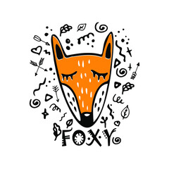 Cute doodle fox head in color, funny flat hand-drawn fox character with doodle around, animal face with doodles, childish style, design for kids