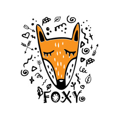 Cute doodle fox head in color, funny flat hand-drawn fox character with doodle around, animal face with doodles, childish style, design for kids