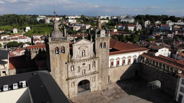 Viseu, Portugal - May 8, 2021: DRONE AERIAL FOOTAGE - The Viseu Cathedral (Se Catedral de Viseu) is the Catholic bishopric seat of the city of Viseu, in Portugal. 