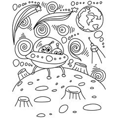 UFO coloring page with spaceship, asteroid and open space, fantasy outline illustration with aliens