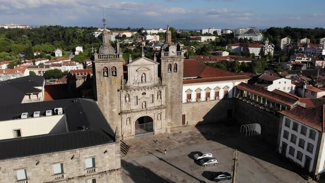 Viseu, Portugal - May 8, 2021: DRONE AERIAL FOOTAGE - The Viseu Cathedral (Se Catedral de Viseu) is the Catholic bishopric seat of the city of Viseu, in Portugal. 