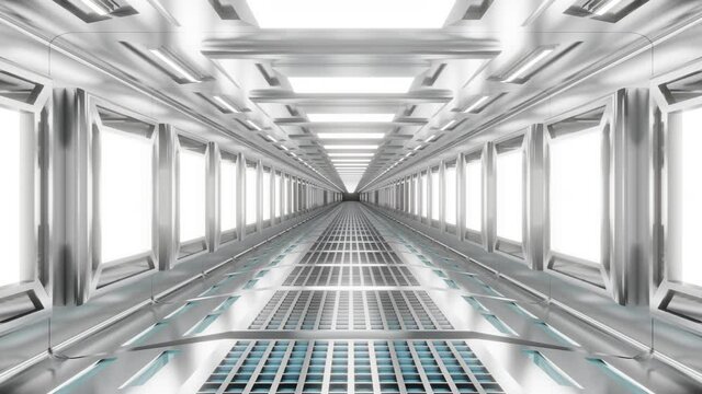 3D Animation of a futuristic industrial facility or spaceship interior hallway or gangway.