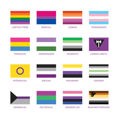 Different sexual identity pride flag icon set vector. Sexual identity flags collection isolated on a white background. LGBTQIA flag collection vector