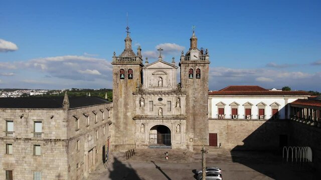 Viseu, Portugal - May 8, 2021: DRONE AERIAL FOOTAGE - The Viseu Cathedral (Se Catedral de Viseu) is the Catholic bishopric seat of the city of Viseu, in Portugal. 