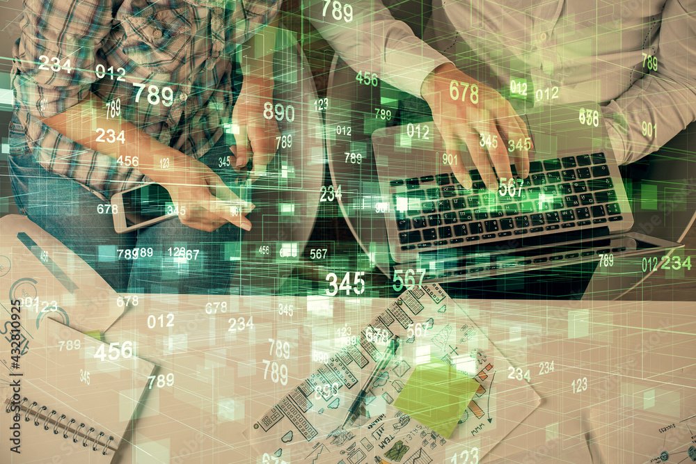 Poster double exposure of man and woman working together and data theme hologram drawing. computer backgrou