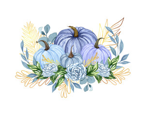 Fototapeta na wymiar Watercolor pumpkin composition, floral pumpkins, Halloween clip art, autumn design elements, fall arrangement of blue pumpkins and golden floral twigs. Harvest illustration