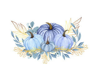 Watercolor pumpkin composition, floral pumpkins, Halloween clip art, autumn design elements, fall arrangement of blue pumpkins and golden floral twigs. Harvest illustration