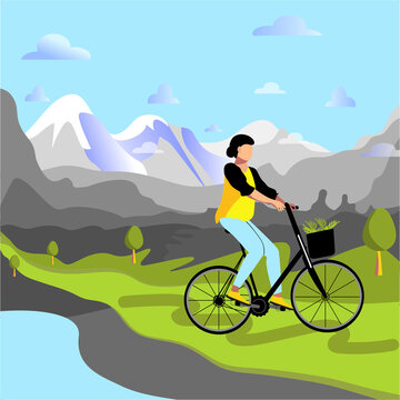 Walk in the mountains. Woman cycling on mountain trails.Vector stock illustration. Mountain landscape. The concept of a healthy lifestyle, outdoor activities, vacation in the mountains.