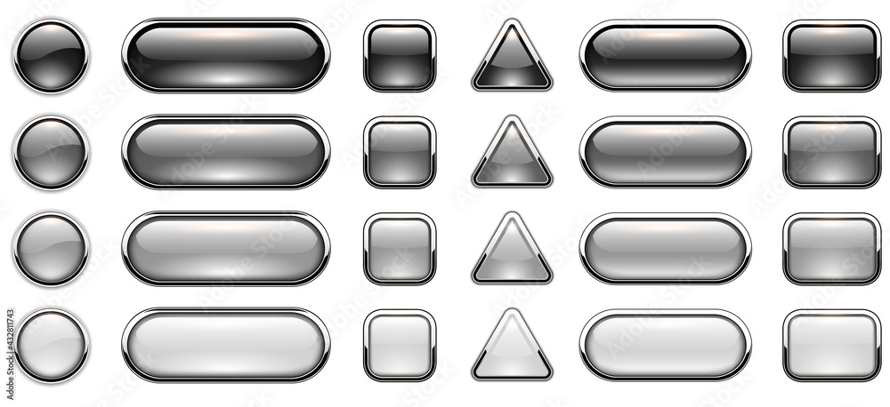 Poster Grey shiny buttons set, glossy isolated icons with metallic chrome elements, vector illustration.