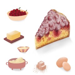 Raster recipe for cherry pie ingredients. Eggs, flour, lots of cherries. Cooking cake