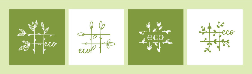 Eco Icons. Floral Hashtag of Twigs with Leaves. Ecology Signs Vector Set. Hash Tag Symbols. Perfect for Healthy Life Promotion, Organic Products Packaging, Vegan Food Badges etc.