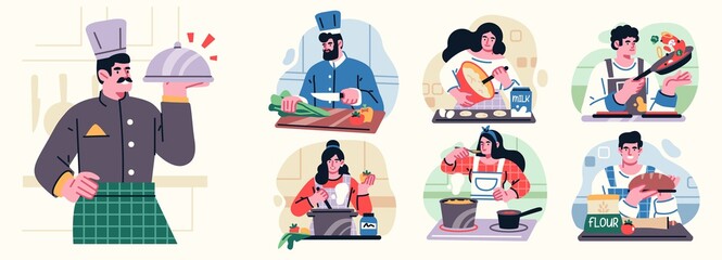 Different People Cooking in the Kitchen Set, Professional Chefs Characters. Young Men and Women Cooking. Vector illustration
