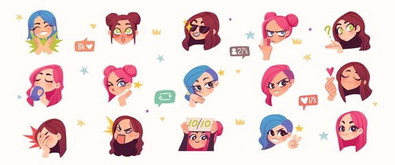 Set of streamer gamer girls expression stickers or badges. Vector illustration