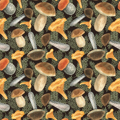 Seamless pattern with edible mushrooms. Watercolor illustration. The print is used for Wallpaper design, fabric, textile, packaging.