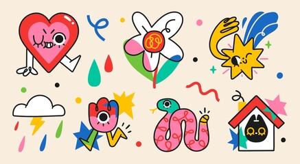 Collection of crazy Abstract comic characters elements and shapes. Bright colors Cartoon style. Vector Illustration
