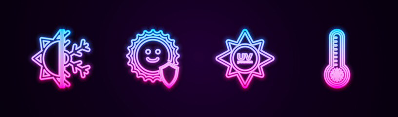 Set line Sun and snowflake, UV protection, and Meteorology thermometer. Glowing neon icon. Vector