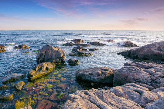 stones on the sea shore in the morning. beautiful summer seascape in purple light. few clouds on the bright blue sky