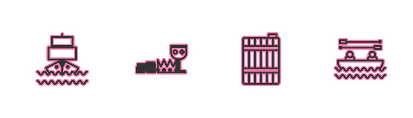 Set line Ship, Wooden barrel, Treasure and riches and Boat with oars icon. Vector