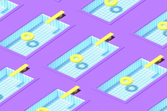 3D render. Pattern of Inflatable rubber rings on the pools in purple and yellow colors. Minimalistic style, aesthetic and surrealism. Summer vacation vibes