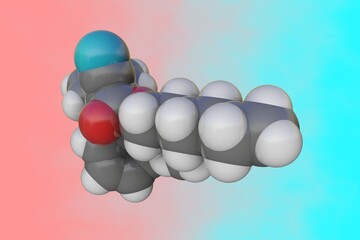 Space-filling molecular model of octocrylene. Atoms are represented as spheres with conventional color coding: carbon (grey), nitrogen (blue), oxygen (red), hydrogen (white). 3d illustration