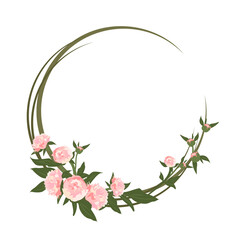 A wreath of peonies. Round frame, pink cute flowers and leaves. Spring pink blooming composition with buds. Holiday decorations for wedding, holiday, postcard, poster and design