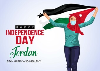 Jordan Girl waving flag her hands. 24th May Happy independence day celebration concept. can be used as poster or banner design. vector illustration. covid 19 corona virus concept