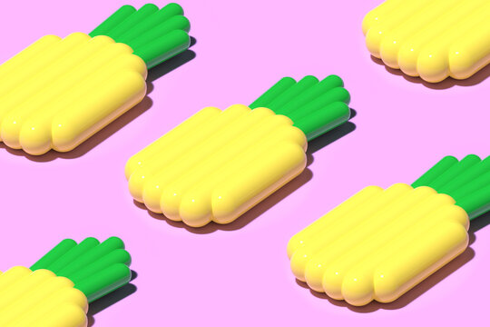 3D render. Pattern of Inflatable rubber mattress in the shape of yellow pineapple fruits on purple or pink background. Digital art. Minimalistic style, aesthetic and surrealism. Summer vacation vibes