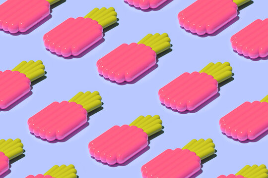 3D render. Pattern of Inflatable rubber mattress in the shape of red pineapple fruits on purple or blue background. Digital art. Minimalistic style, aesthetic and surrealism. Summer vacation vibes