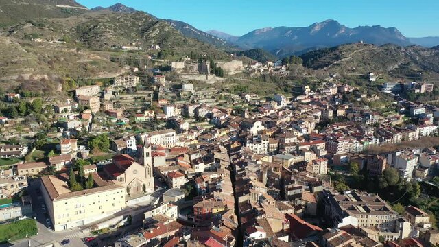 top view of landscape with buildings and mountains in Berga in Spain 