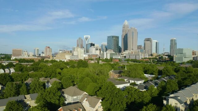 Beautiful View of Charlotte, NC Skyline. Aerial Pedestal Up