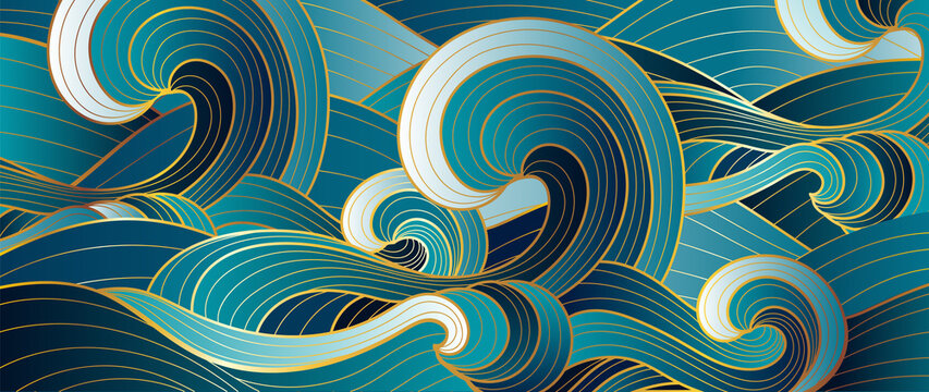 Gold abstract wave line arts background vector. Luxury wall paper design for prints, wall arts and home decoration, cover and packaging design.