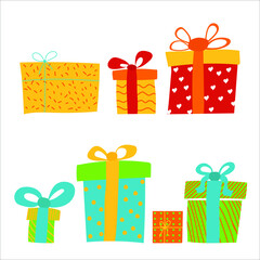 Vector set of different colored gift boxes with ribbon isolated on white. Colorful wrapped. Sale, shopping concept. Collection for Holiday, Birthday, Christmas. 