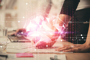 Multi exposure of woman hands working on computer and brain hologram drawing. Ai concept.