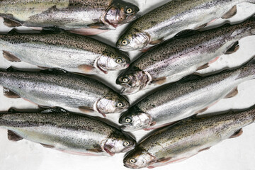 Raw, peeled rainbow trout fish ready fo cooking. Healthy heart food. Menu concept. Top view.