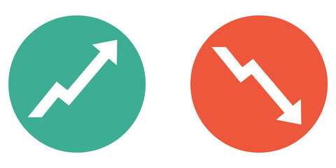Banner mit 2 Buttons: Pfeil nach oben und unten in grün und rot - obrazy, fototapety, plakaty