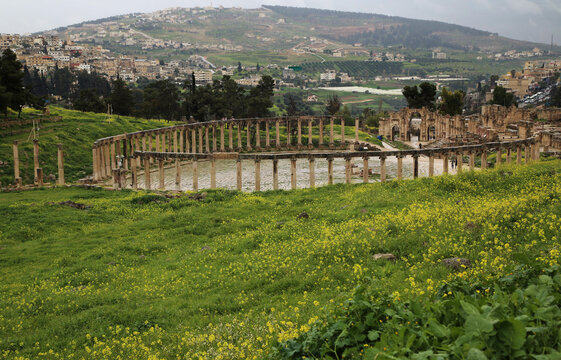 View of the oval square of the ancient Roman city of Jerash