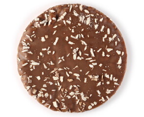 Milk chocolate rice cake with coconut shavings isolated on white background, top view
