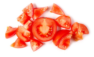 Mini kumato tomato slices pile isolated on white background, top view