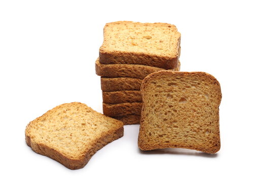 Wholemeal Crackers, Bread Rusks Pile, Toast Slices Isolated On White Background