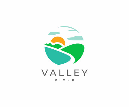 Mountain river logo design. River flowing between the green hills vector design. Colorful minimalist landscape logotype