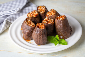 Traditional delicious Turkish foods; dried eggplant stuffed (Turkish name; Kuru patlican dolmasi)