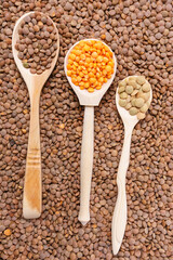 dry orange, red, green lentils in wooden spoons. vertical photo
