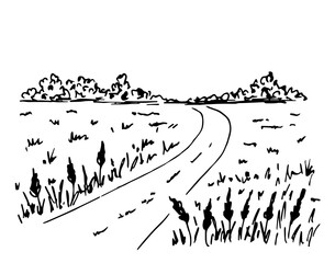 Simple hand-drawn vector drawing in black outline. Rural landscape, road, farm field, trees and bushes on the horizon. For labels, packaging. Ink sketch. Village, nature.
